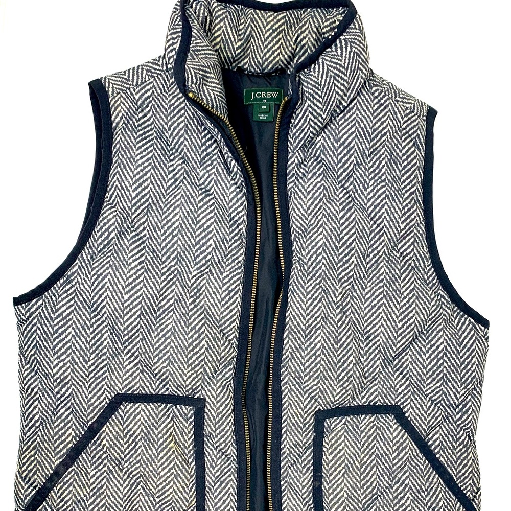 J CREW Factory Women's Quilted Vest XS Gray White Herringbone Lined